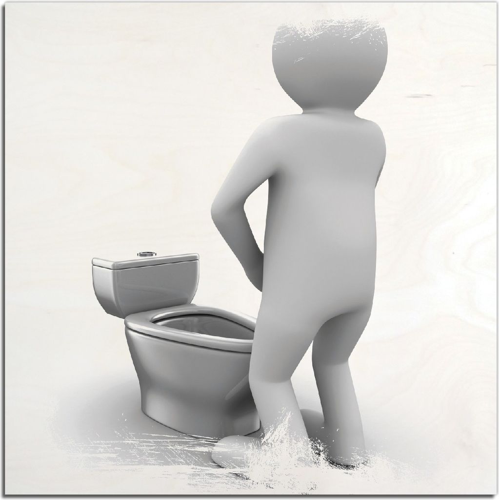 Kunstdrucke Wandbilder Holz in : Brillante Farben, Größe 50 x 50 cm Motiv Pinkelndes Computer-Männchen und künstliche Toilette