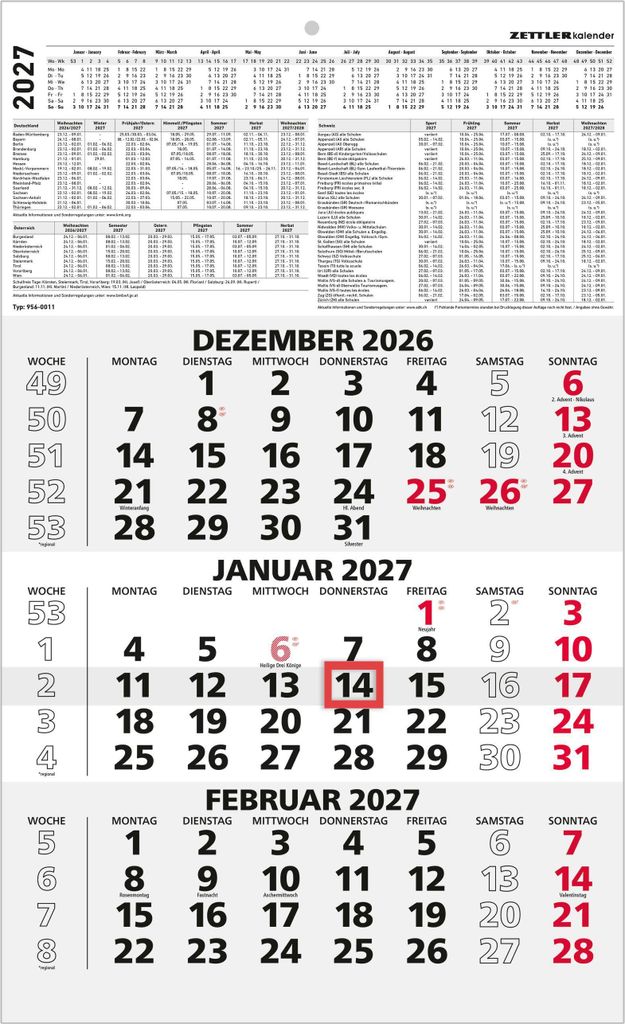 3-Monatskalender schwarz/rot 2027 Produktbild 
