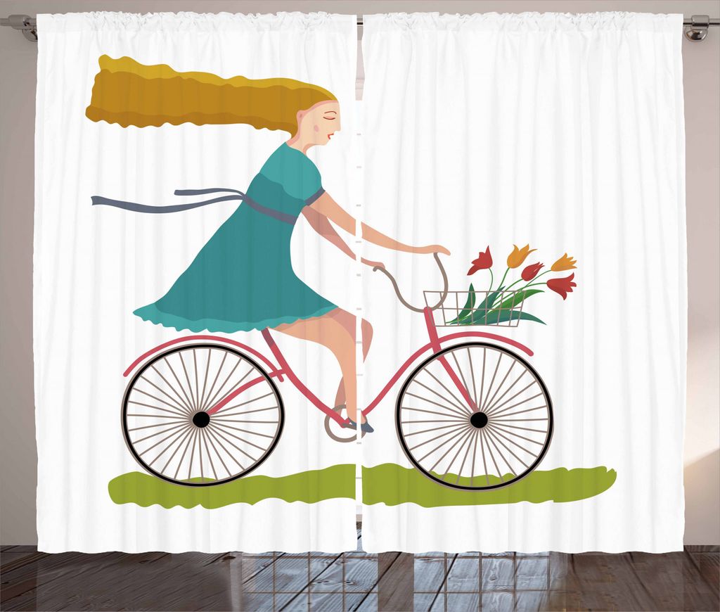 ABAKUHAUS Fahrrad Rustikaler Vorhang, Frau auf Fahrrad Tulpen, Wohnzimmer Universalband Gardinen mit Schlaufen und Haken, 280 x 225 cm, Mehrfarbig