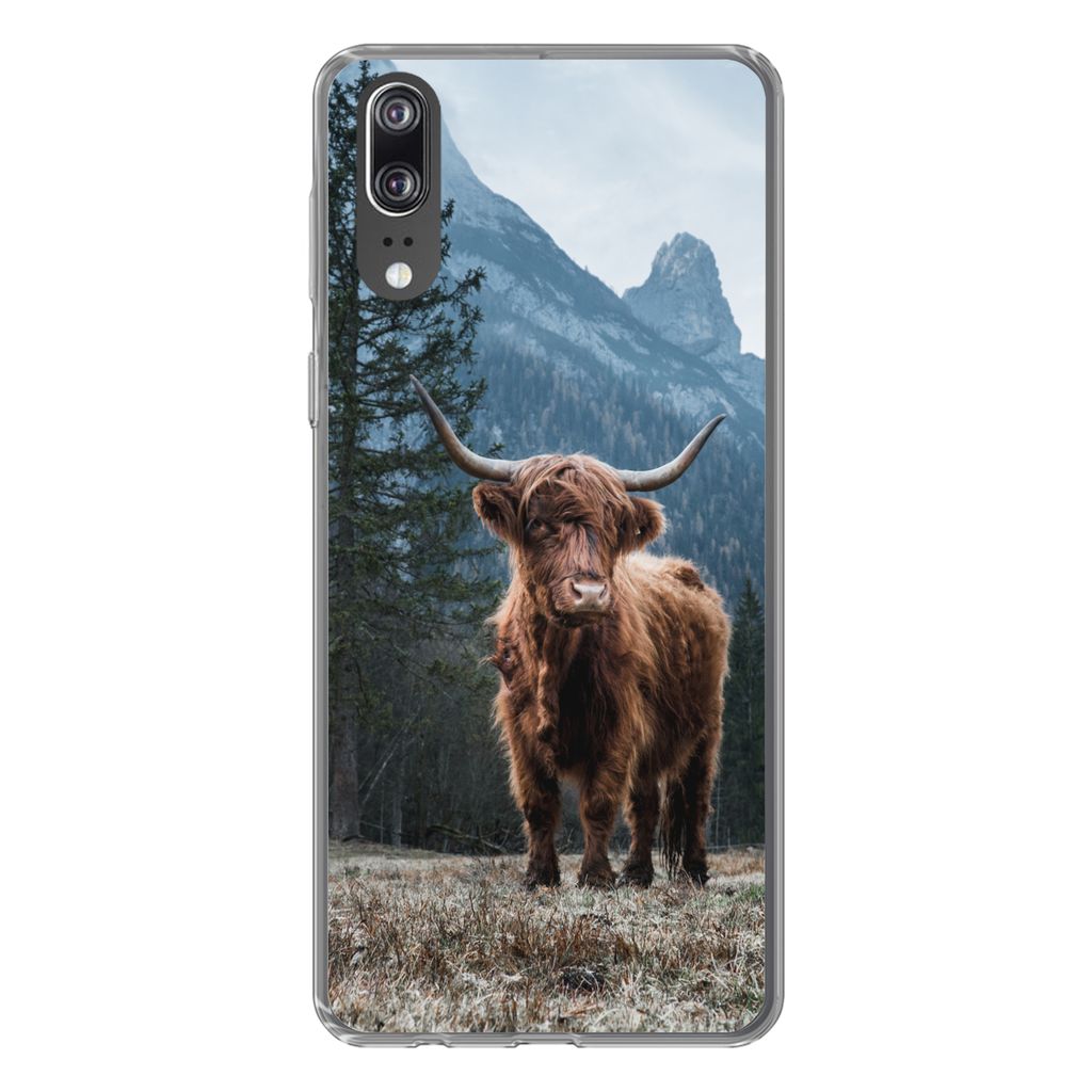 MuchoWow Handyhülle Schutzhülle Hülle für Huawei P20 Schottische Highlander - Berg - Landschaft - Bäume - Kuh - Natur Silikon Softcase Handy...