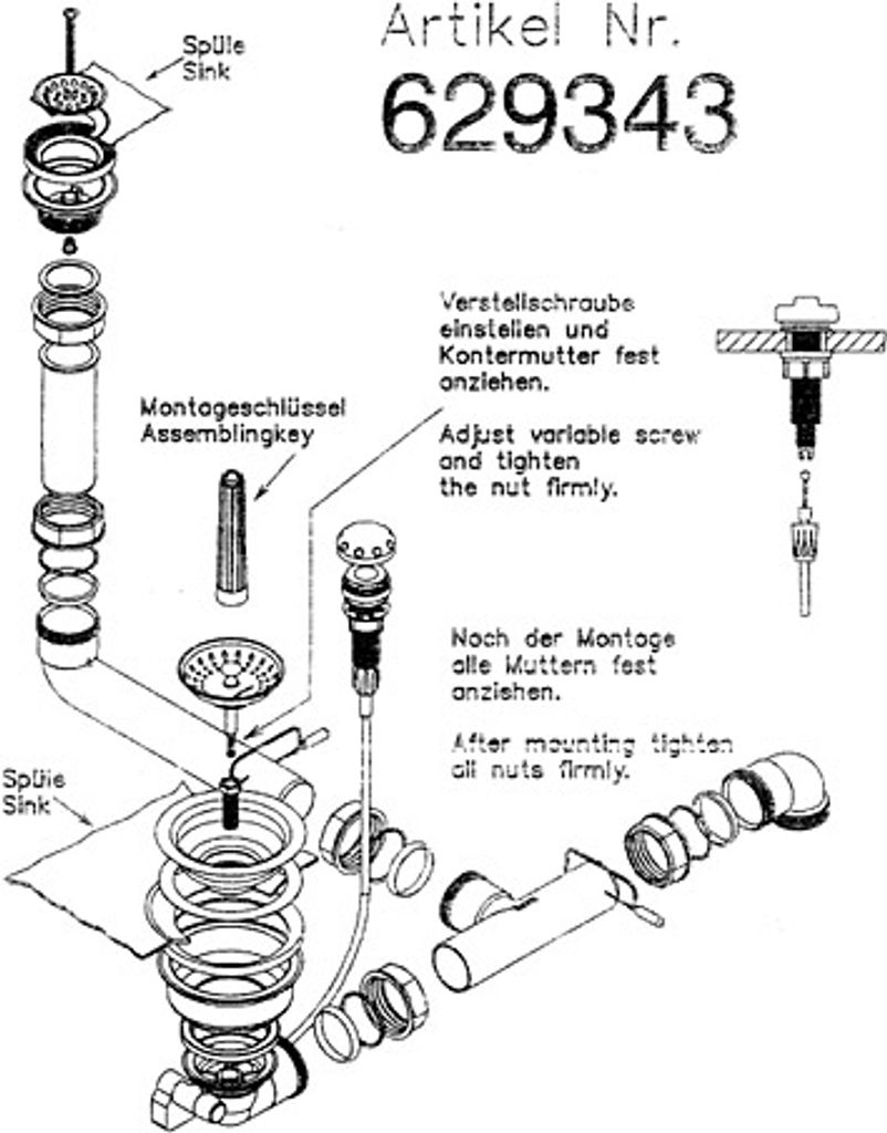 Ab- und Überlaufgarnitur für die Schock X-Tra R-125 und Classic R-100 Spüle / inkl. Bowdenzug / Spülenzubehör / Ablaufgarnitur