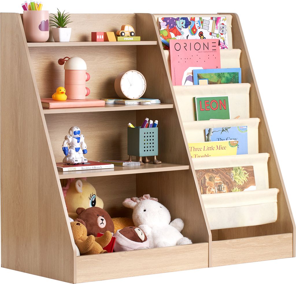 SucceBuy 4-stöckiges Kinderbücherregal aus Holz, sechsschichtiges Tragetuchdesign, Aufbewahrungsregal für Babybücher und Spielzeug, Organisatio...