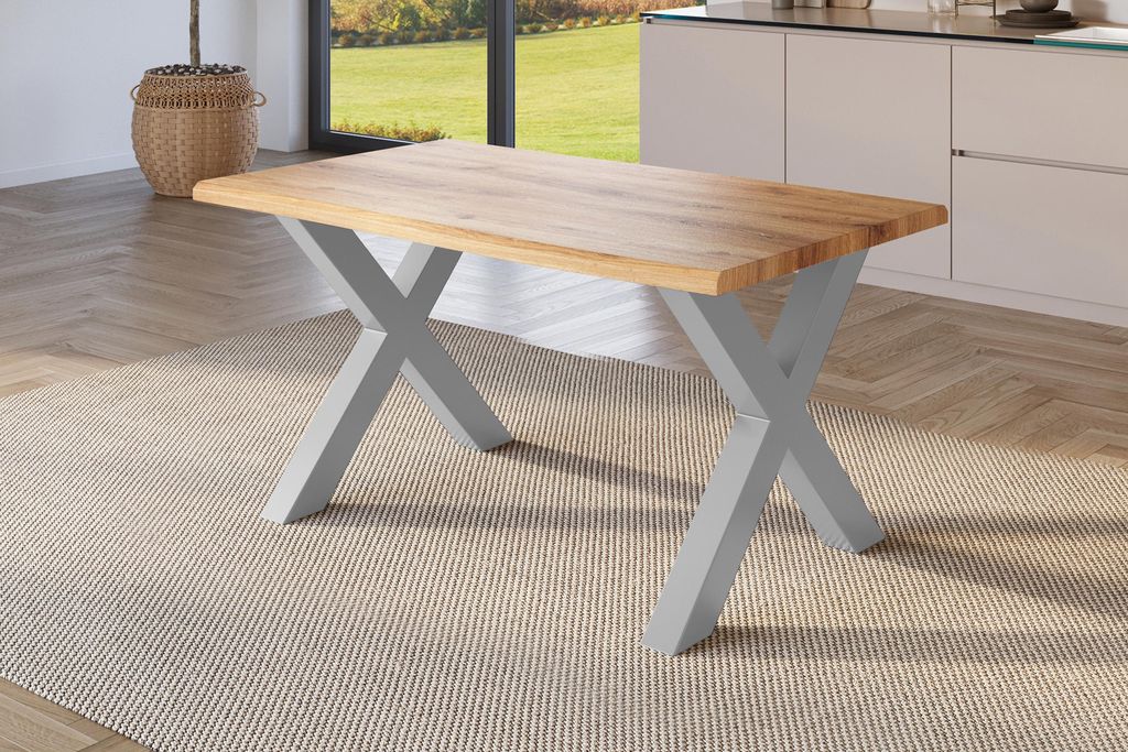 Esstisch Baumkante Holz-Optik Wildeiche 140 x 80 X-Gestell silber JULIUS