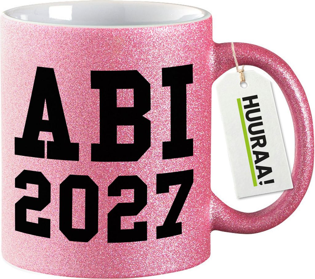 Huuraa Glitzertasse ABI 2027 Abitur 330ml Pink Keramik Kaffeebecher Geschenkidee