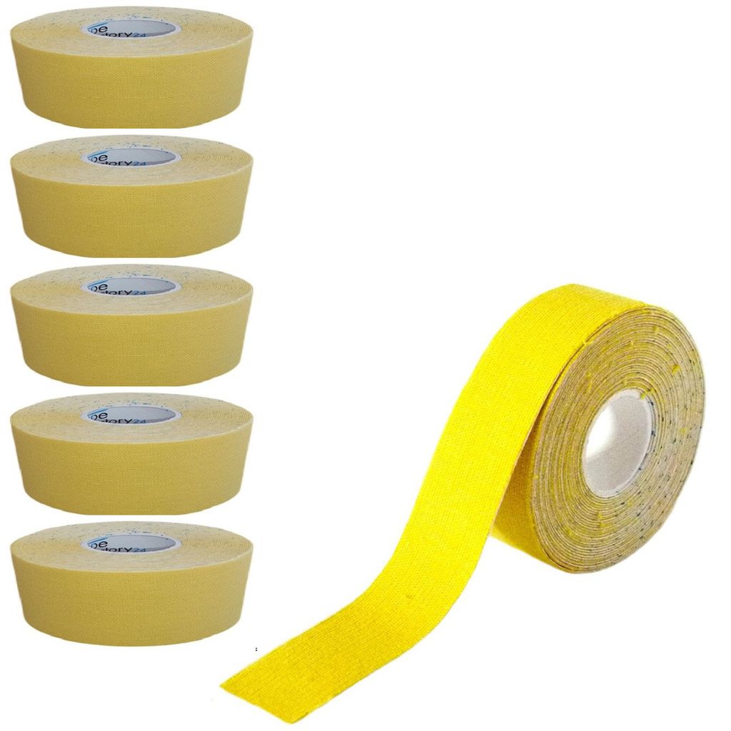 6 Rollen - Tapefactory24 Getting Started Kinesiologie Tape 2,5cm x 5m - gelb, Tapes Taping Klebeband Tapeverband Bandage wasserfest