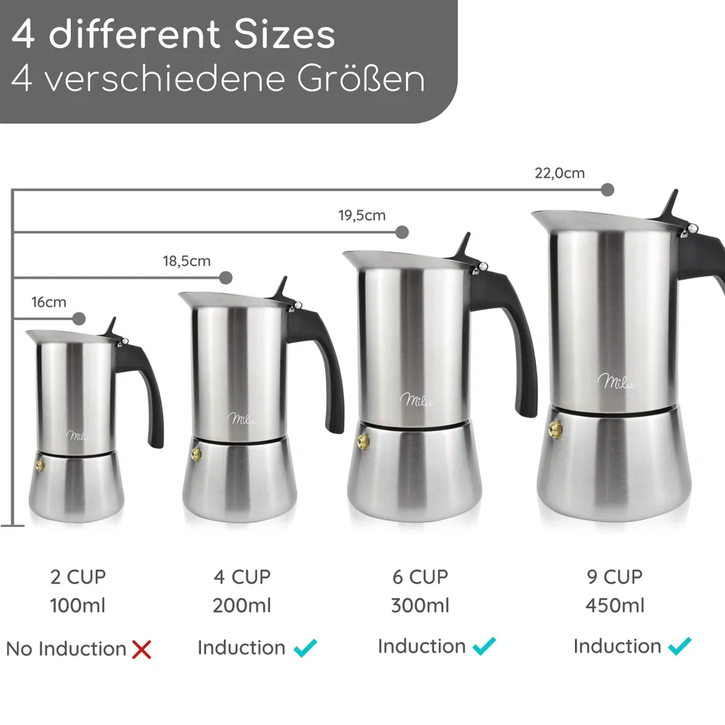 Milu Caffettiera Espresso In Acciaio Inox (2, 4, 6, 9 Tazze) – Set Con Sottobicchiere, Cucchiaio E Spazzola – Aspetto Legno (2 Tazze, 100ml) - 2