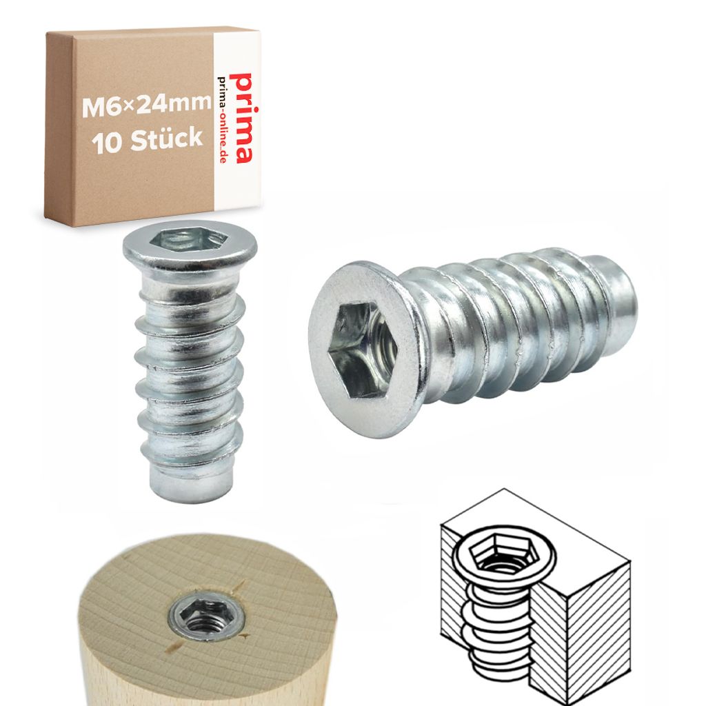 10x Einschraubmuffen M6 – Länge 24 mm – Einschraubmutter Eindrehmuffen Innensechskant M6x24 mm