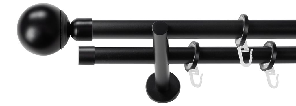 SN Deco Gardinenstange Reims, 19 mm, 2-läufig, Stahl, Komplett-Set mit Ringen, Auflageträger, 120 cm, schwarz