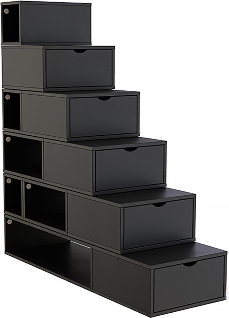 Treppenregal Schwarz 150 cm hoch, 50 cm breit, 25 cm tief mit 5 Schubladen und 6 offenen Fächern, 120 kg Tragkraft