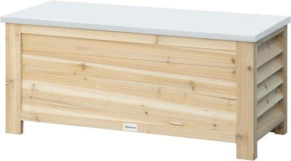 Holzgartenkiste mit Deckel für Außen, 155 Liter Lagerbox aus Holz und Metalldeckel