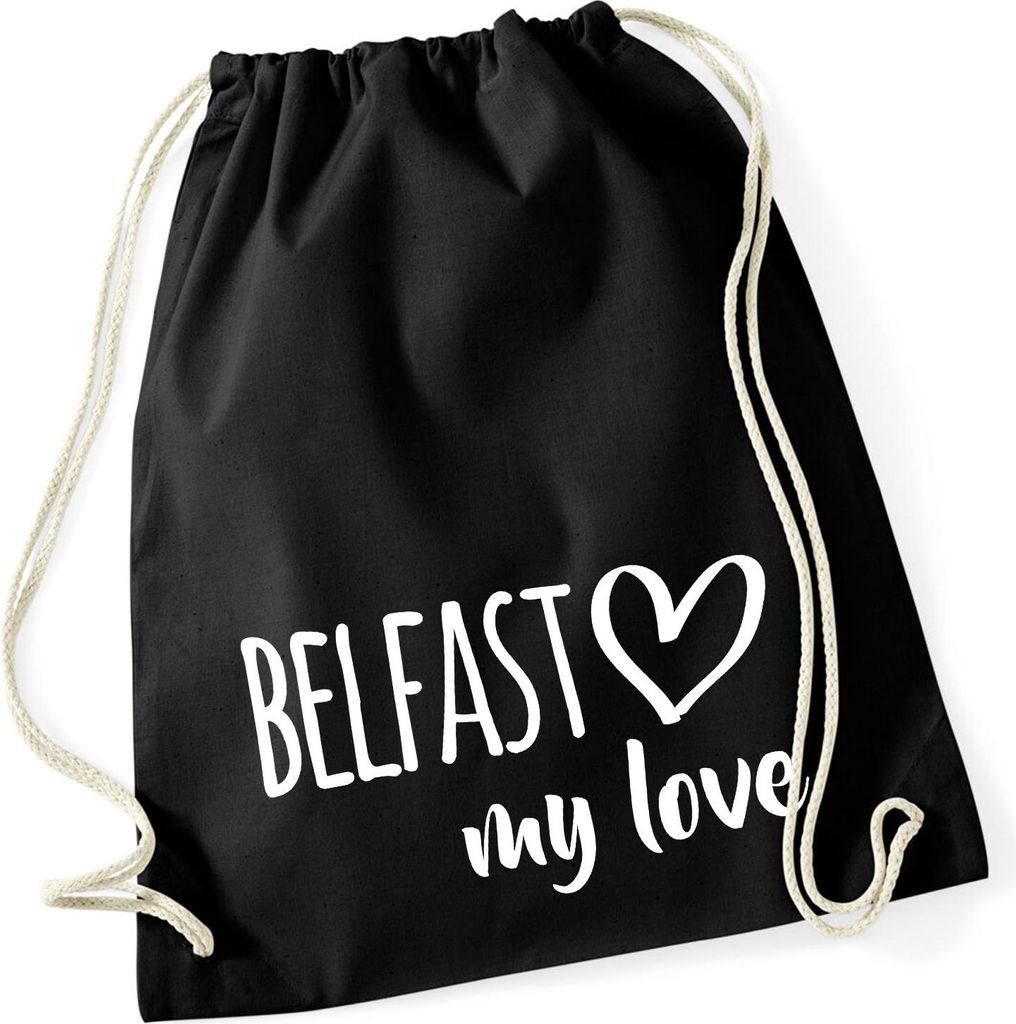 Huuraa Turnbeutel Belfast my love 12 Liter Black Baumwolle Rucksack Geschenkidee