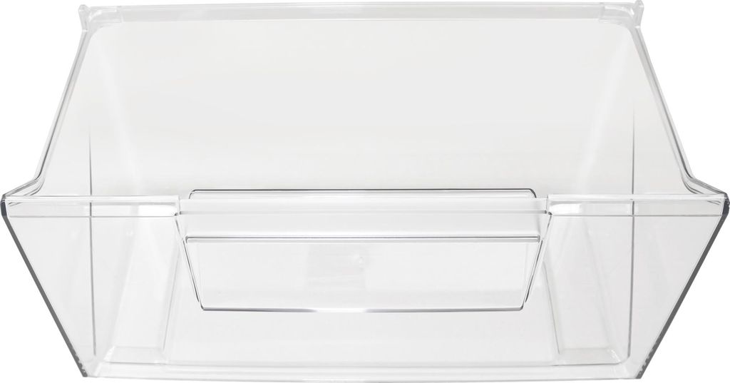 A clear, empty plastic drawer with a handle.