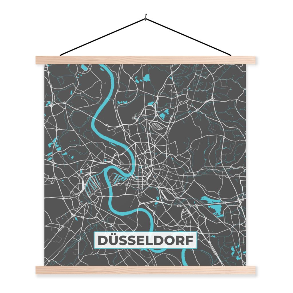 MuchoWow Textilposter Blau - Deutschland - Karte - Stadtplan - Düsseldorf 40x40 cm mit holzfarbenen Rahmen - Posterleiste