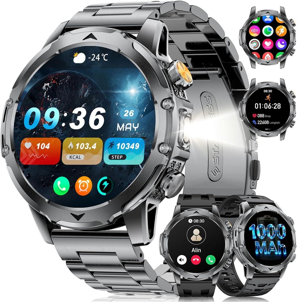 LIGE Smartwatch Herren 1,53" HD Display, 1000mAh Akku, Fitnessuhr mit Telefonfunktion,SpO2, Schlafmonitor,123 Sportmodi, IP68 wasserdicht, 3 Armbä...