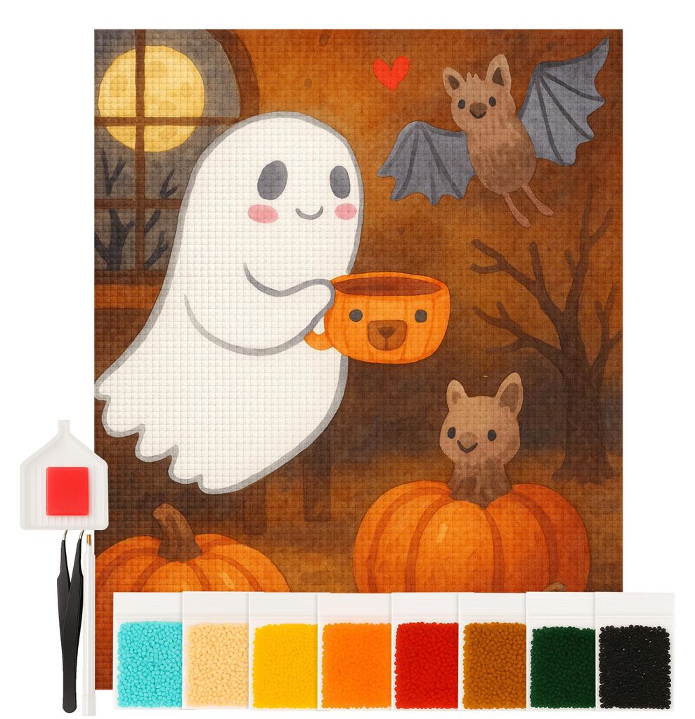 Mr. & Mrs. Panda Diamond Painting Gespenst Kaffee Design 40 x 50 cm Ohne Rahmen - Weiß - Geschenk, bilder, Halloween, diamant, diamantbild, malerei