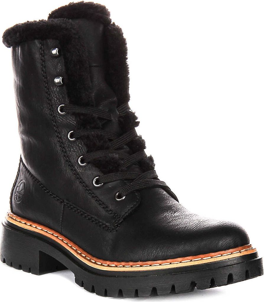 A black leather boot with fur lining.
