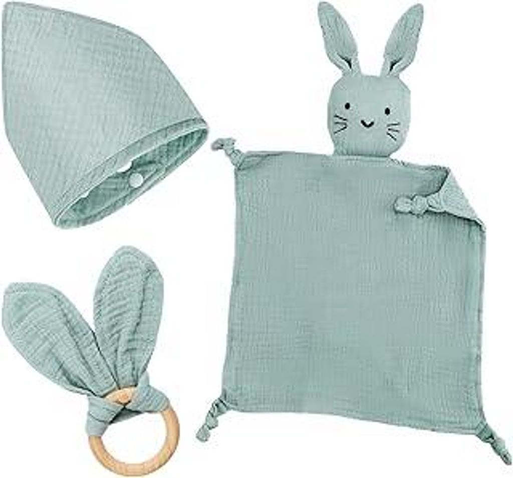 Baby Geschenk Junge Mädchen Neugeborene Geschenkset Babygeschenke 3 Stück Geschenke zur Geburt mit Schnuffeltuch Hase und Beißring Holz und Lät...