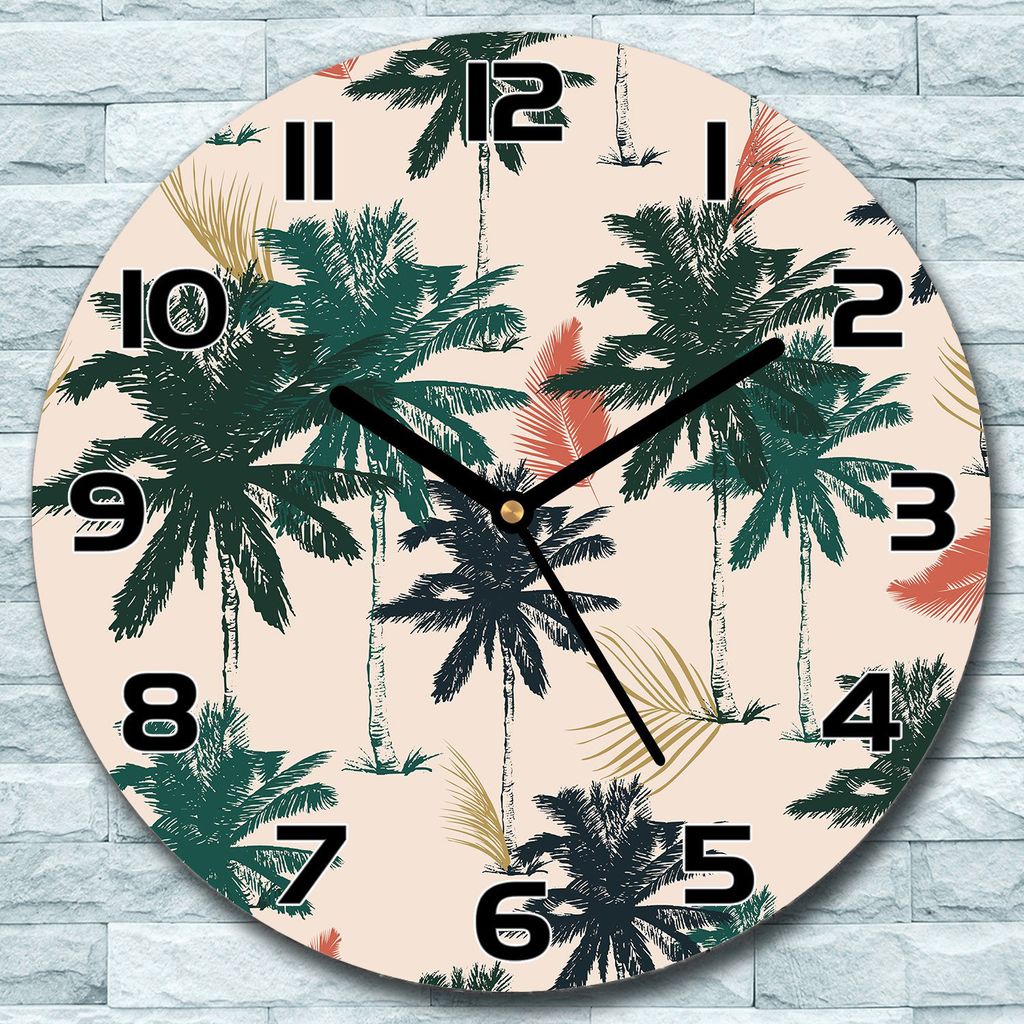 Wanduhr aus Glas Rund fi 30 Palmen grün rosa Quarz Deko Schlafzimmer Büro