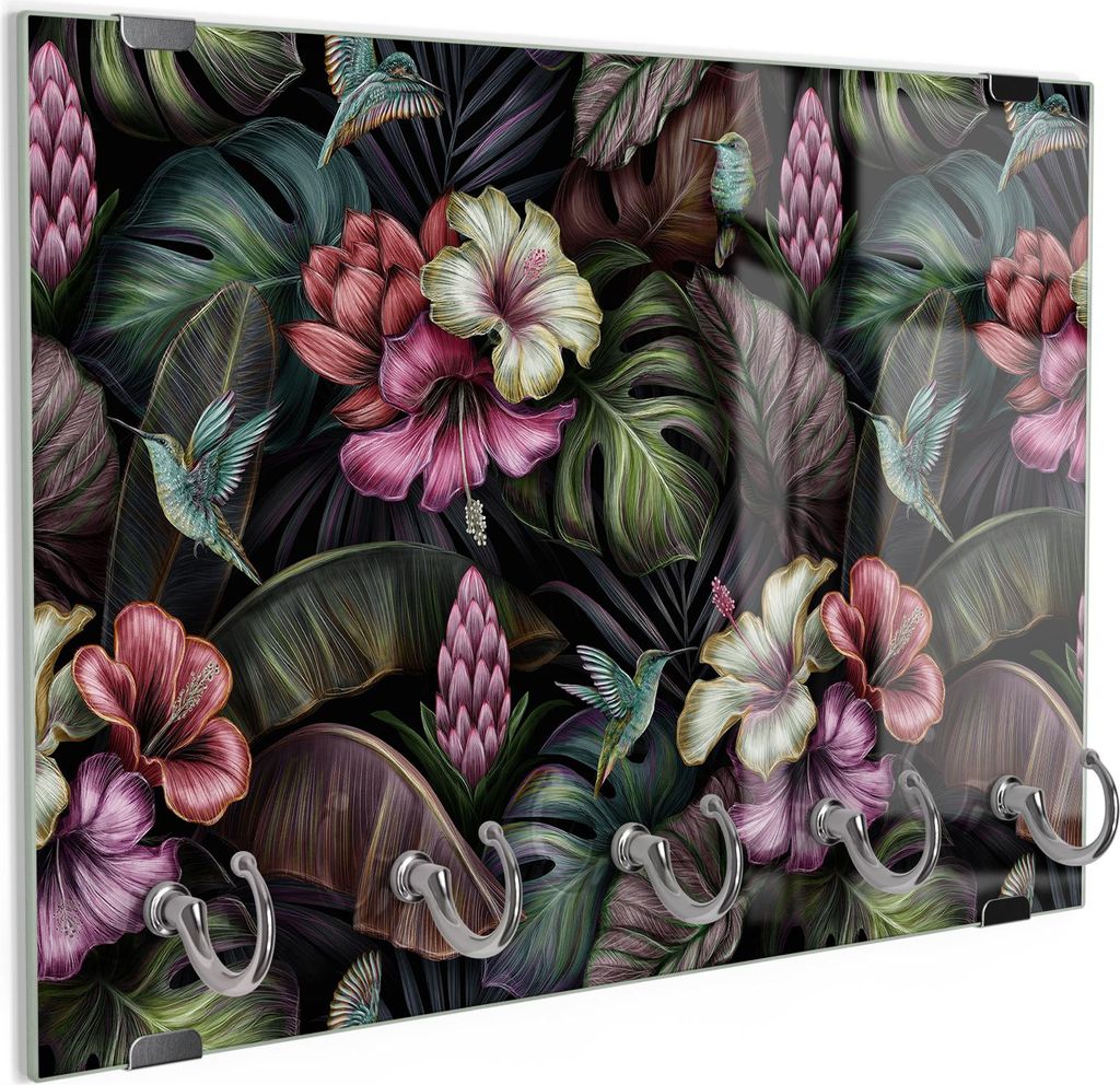 DEQORI Schlüsselbrett Glas 30x20 cm 'Blüten, Blätter und Vögel' Schlüssel Halter Haken