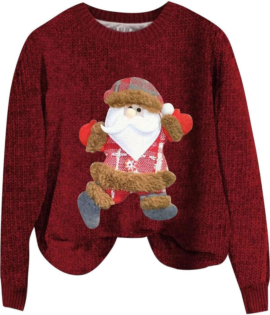 ASKSA Damen Lustige Weihnachtspullover Strickpullover Winter Rundhals Pulli Christmas Sweater Langarm Oberteile Warm Weihnachtspulli,D-Rot,3XL