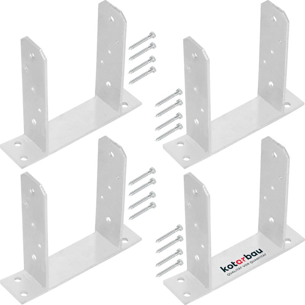 KOTARBAU 4er Set TT Pfostenträger zum Aufschrauben 140 mm Bodenanker für Holzpfosten Pfostenschuh für Zaunpfosten verzinkter Stahl Silber