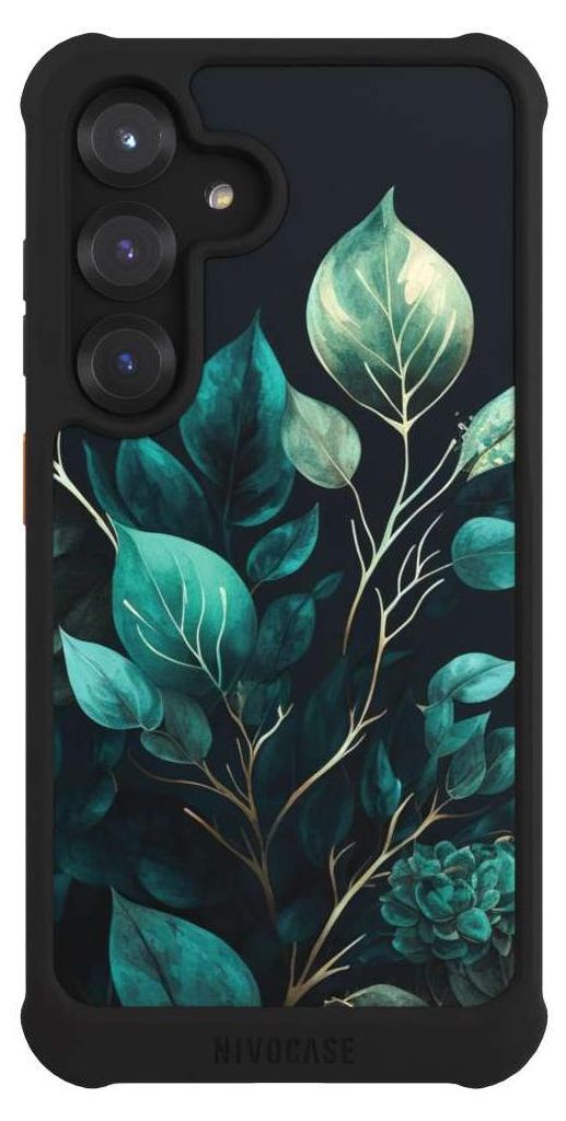 NIVOCASE Hülle für Samsung Galaxy S25 Stoßfeste Handyhülle NIVOmax Case Schwarz Blätter schwarz Eukalyptus