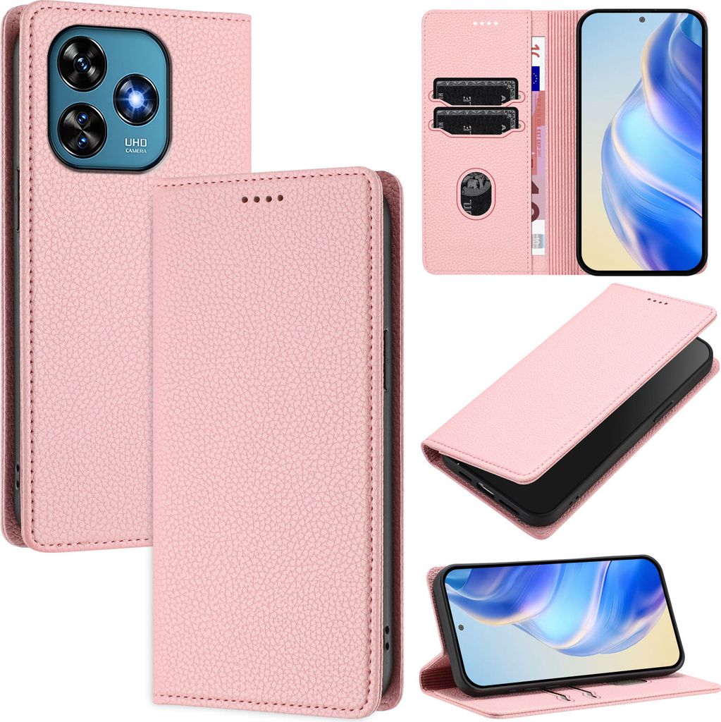 Litchi Leder Handyhülle für Oukitel C51 Wallet Kartenfächer Standfunktion Hülle Pink