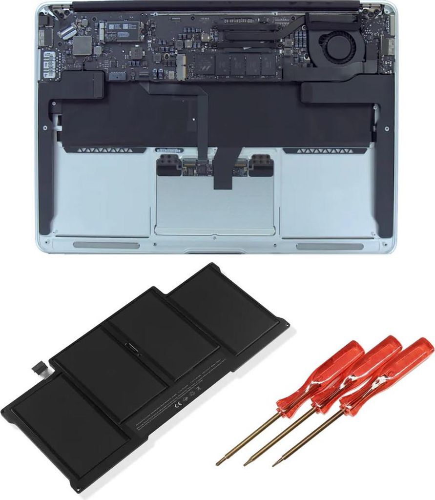 A disassembled laptop battery and screwdrivers are shown.