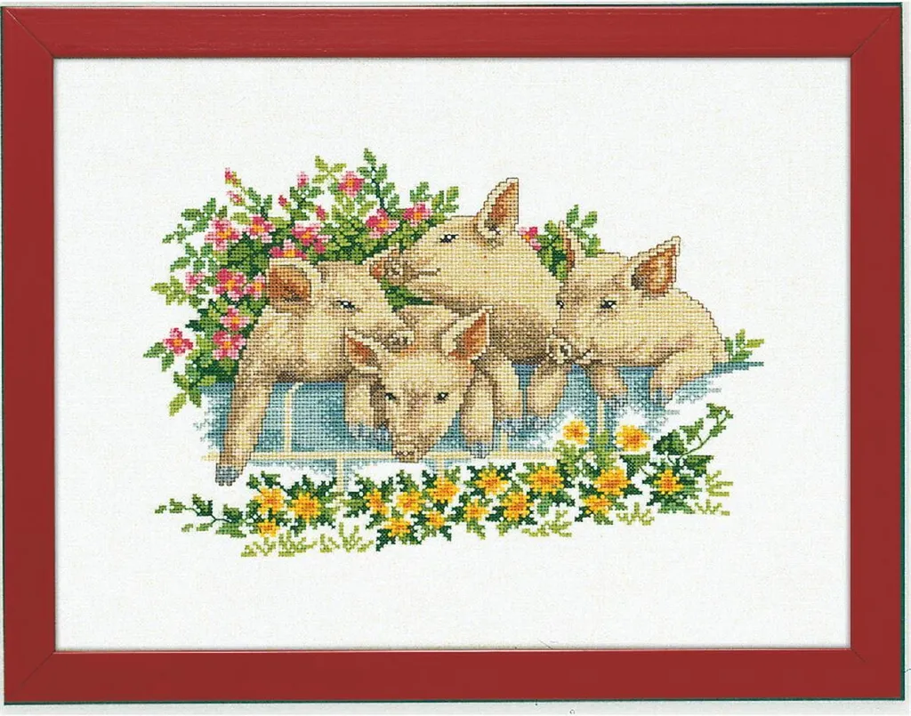 Broderie point de croix décorative 4 Cochons pour cuisine rustique