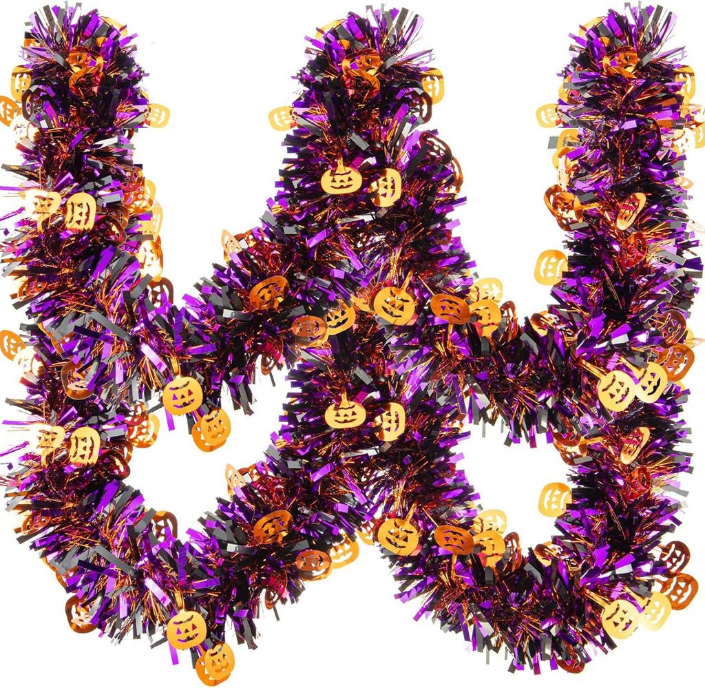 10 m Halloween-Lametta-Girlande, Kürbis, metallische Lametta-Girlande mit gedrehter Folie, Kürbis, glänzende hängende Dekorationen für Hallowe...