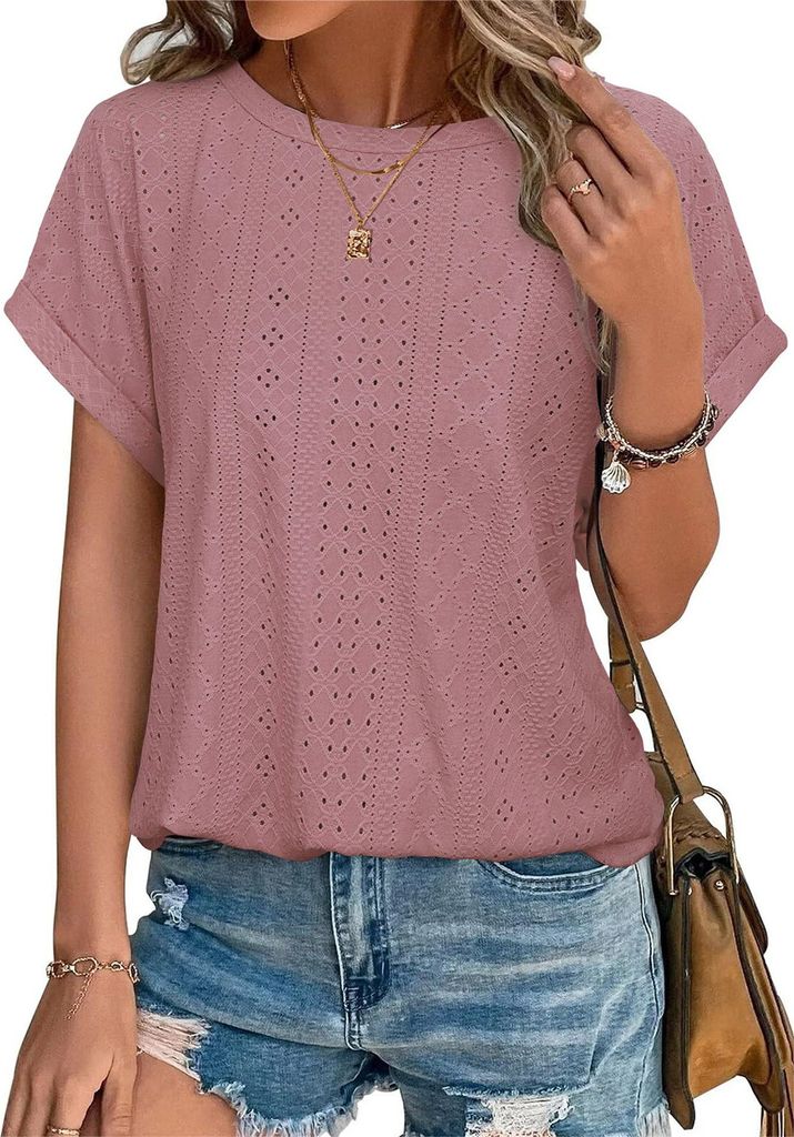 ASKSA Damen T-Shirt Rundhals Lochstickerei Bluse Sommer Einfarbig Kurzarm Elegant Lose Tunika Oberteile (Dunkelpink,S)