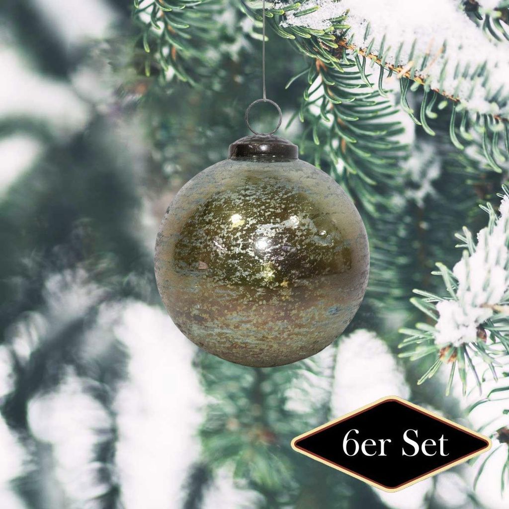 Weihnachtskugeln Premium rund, Glas grün patiniert - handgemacht Indien, 10 cm