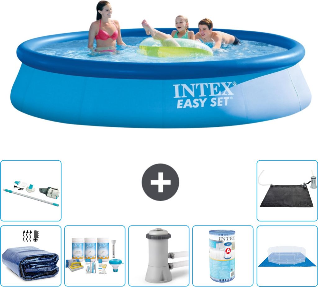 Intex runder aufblasbarer Easy Set-Pool – 396 x 84 cm – Blau – im Lieferumfang enthalten Sonnensegel - Wartungspaket - Filterpumpe für Schwi...