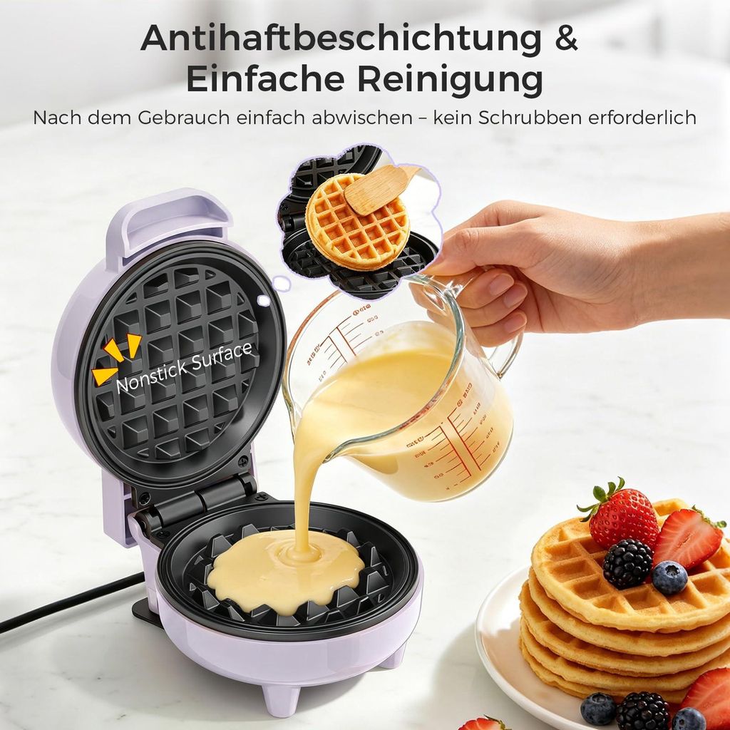 YASHE Mini Waffeleisen 550W, Antihaft-Waffelmaschine, Lila