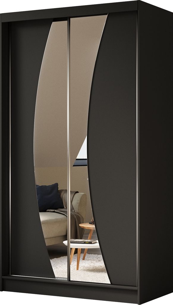 AGMAT Schwebetürenschrank Bergen, Kleiderschrank mit 2 Türen und Spiegel, Moderne Garderobe in Farbe: Schwarz / Schwarz, Schrank in Größe: 120 ...