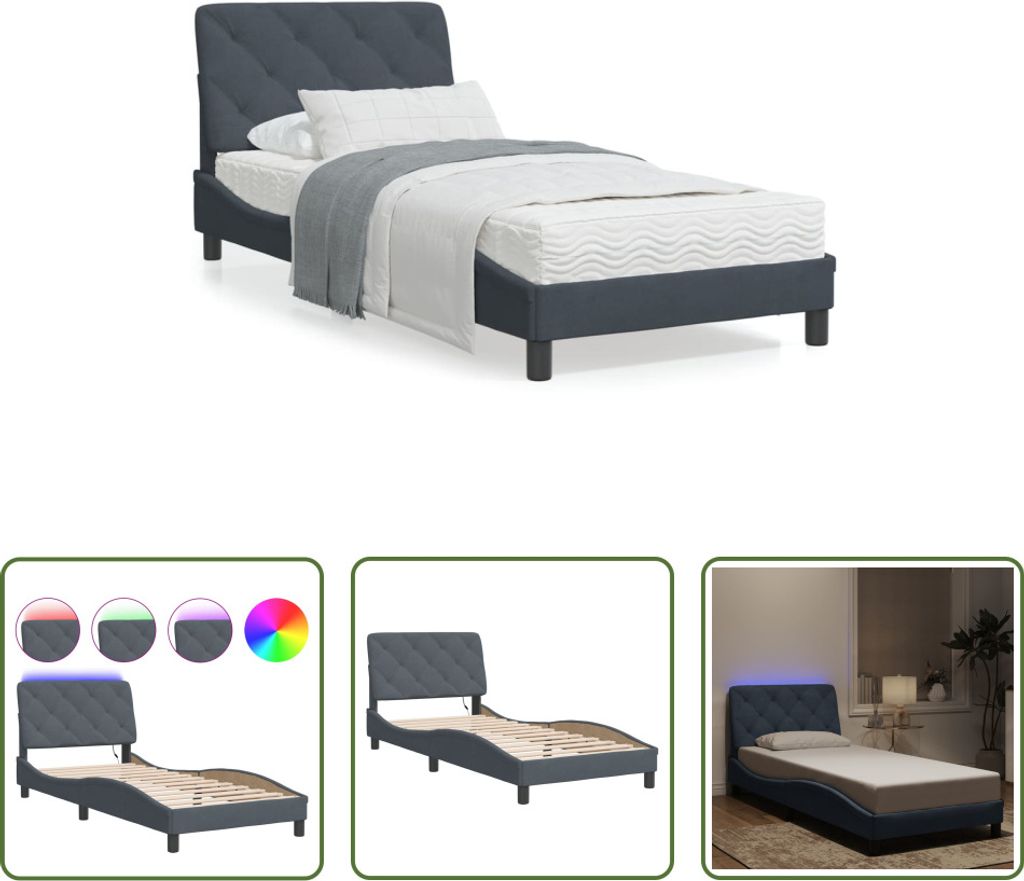 The Living Store Bettgestell mit LED-Leuchten Dunkelgrau 90x200 cm Samt