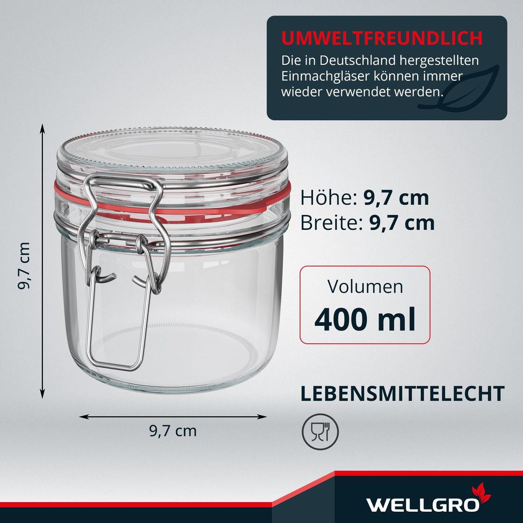 WELLGRO Einmachgläser mit Bügelverschluss rund 400ml