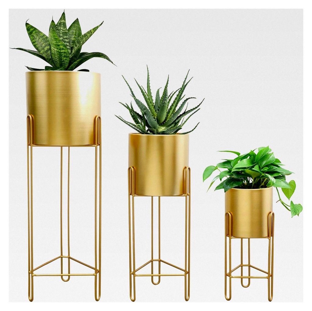 3er-Set Pflanzgefäße mit Ständer für Zimmerpflanzen 73 & 55 & 30 cm Hoch für Wohnzimmer, Küche, Büro, Garten, Balkon und Terrasse (Gold)