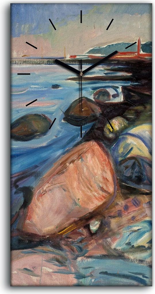 Wohnzimmer-Bild Leinwand Uhr Geräuschlos Kunstdruck 30x60 Ufer mit rotem Haus - schwarze Hände