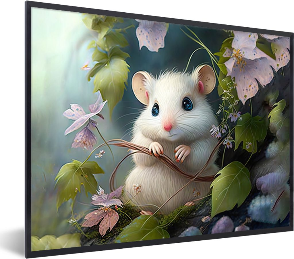 MuchoWow Gerahmtes Poster Maus - Wald - Blumen - Illustration - Waldtiere 40x30 cm - Poster mit Schwarzem Bilderrahmen Wandposter Rahmen Foto Bil...