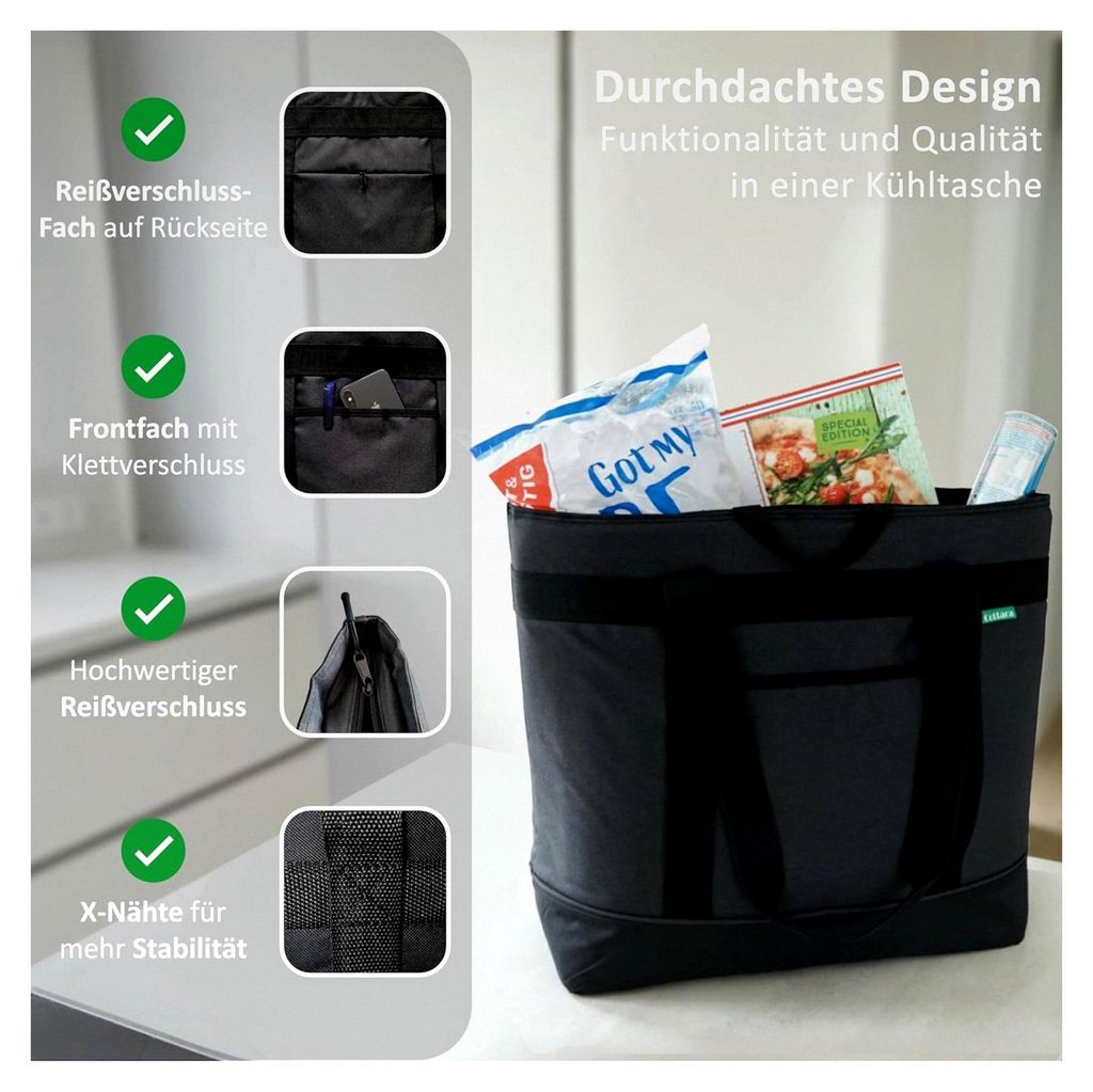 Faltbare Kühltasche groß mit wasserdichter Isolierung 30l – Isoliertasche auslaufsicher mit flexiblen Griffen – Geeignet als Einkaufstasche, ...