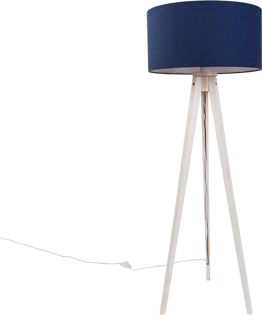 QAZQA - Landhaus I Vintage Stativ-Stehleuchte I Stehlampe I Standleuchte I Lampe I Leuchte weiß mit dunkelblauem Stoffschirm 50cm - Tripod I Dreif...
