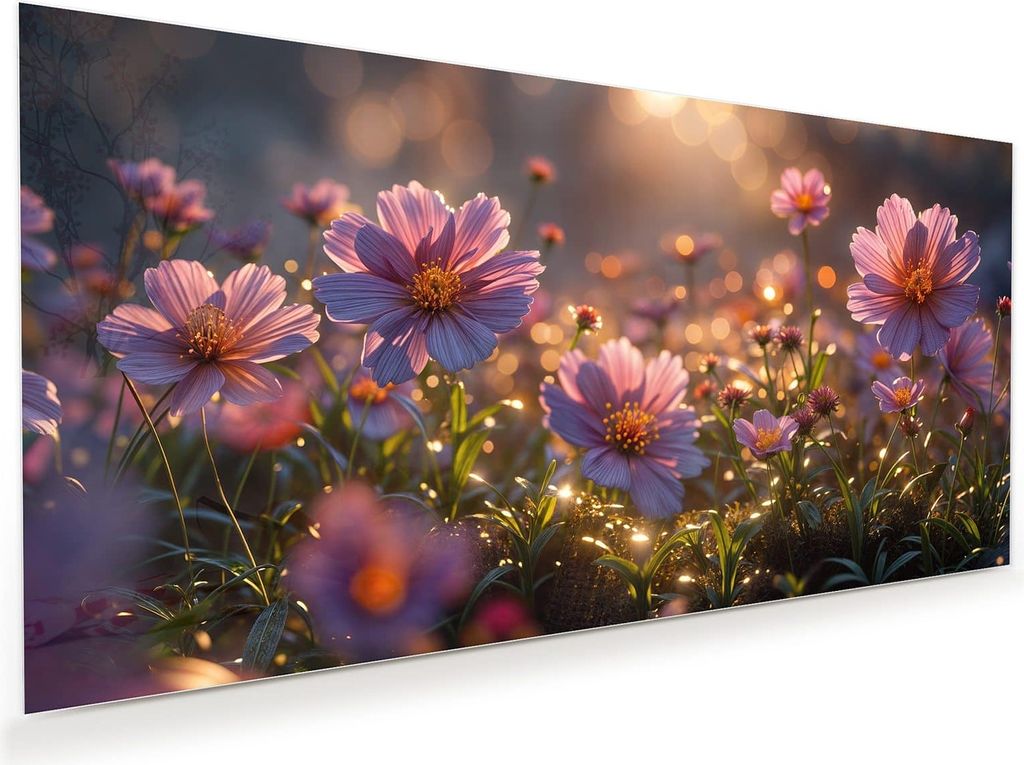 Glasbild 120x60cm in XXL für Wohnzimmer, Schlafzimmer Motiv Blumenwiesebei Sonnenaufgang