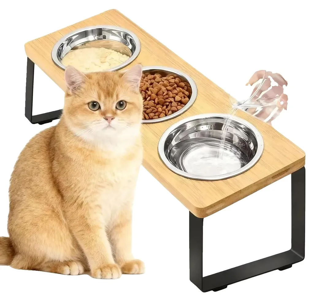 Station de Repas Ergonomique pour Chat - 3 Gamelles Inox Anti-Vomissement