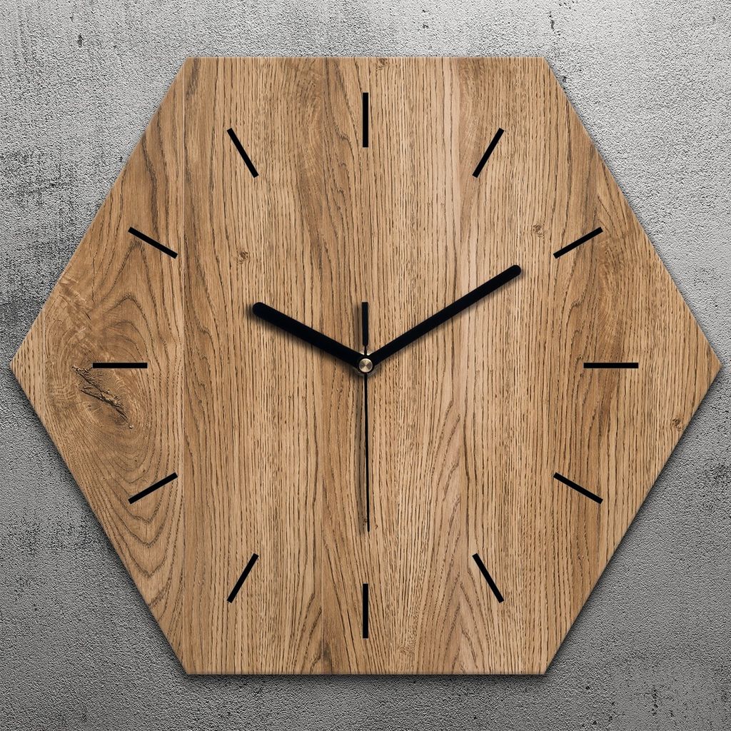 Uhr hexagonal 40 cm Glas Geräuschlos schwarze Zeiger - Helles Holz