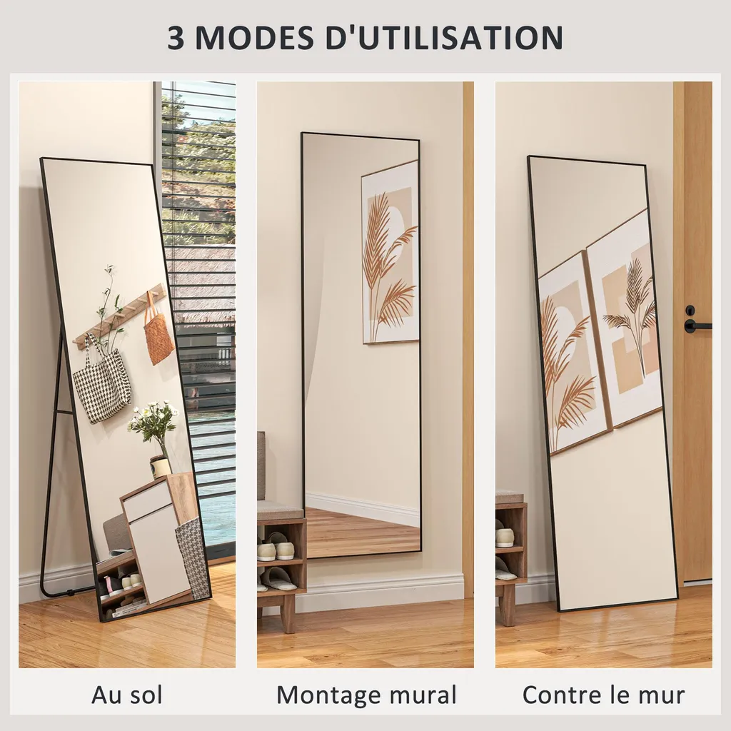 Miroir mural rectangulaire 160 cm avec cadre noir fin et robuste - 6
