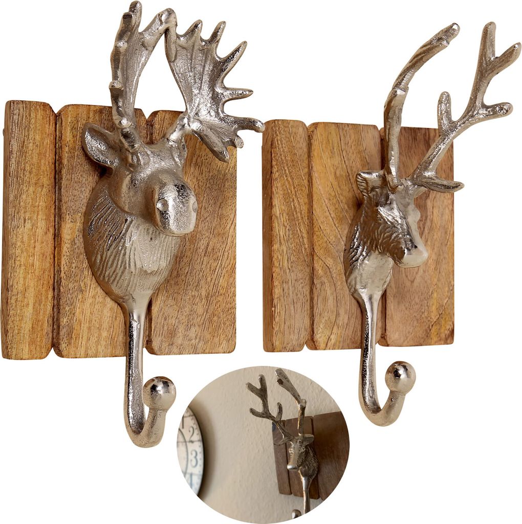 LS-LebenStil 2 Garderobenhaken Holz Alu Hirschkopf Braun Set Wandhaken Wandgarderobe Garderobenleiste Wandhaken Garderobe Hut-Haken Mantelhaken Hirsch