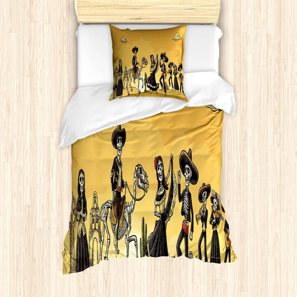 Set Copripiumino ABAKUHAUS Dia De Los Muertos 135x200 Arancione Messicano