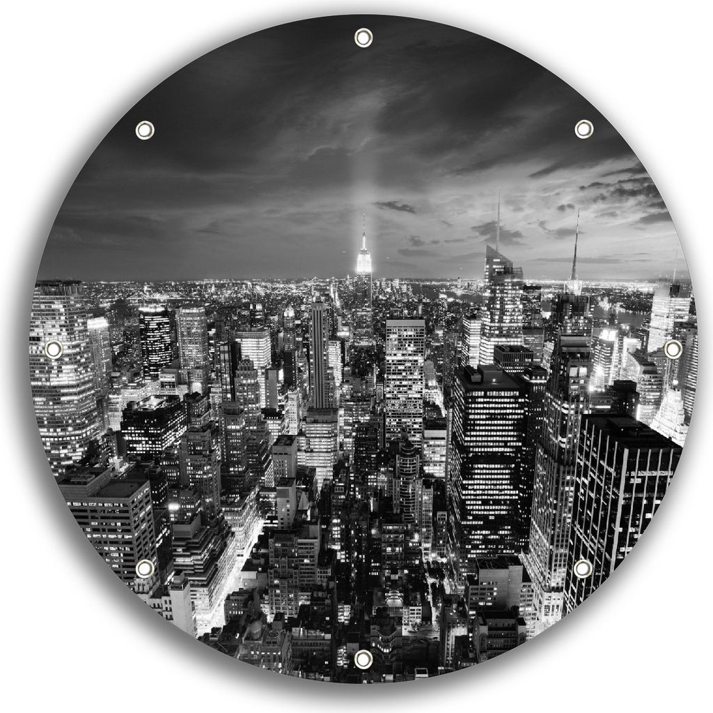 Wallario rundes Outdoor-Poster für Garten oder Balkon, Motiv New York bei Nacht - Panoramablick über die Stadt - schwarzweiß, 30 cm Durchmesser