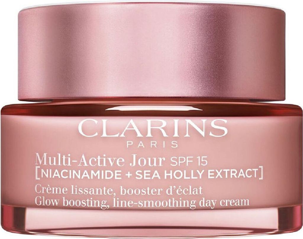 A close-up studio shot of a Clarins Multi-Active Jour SPF 15 day cream jar.